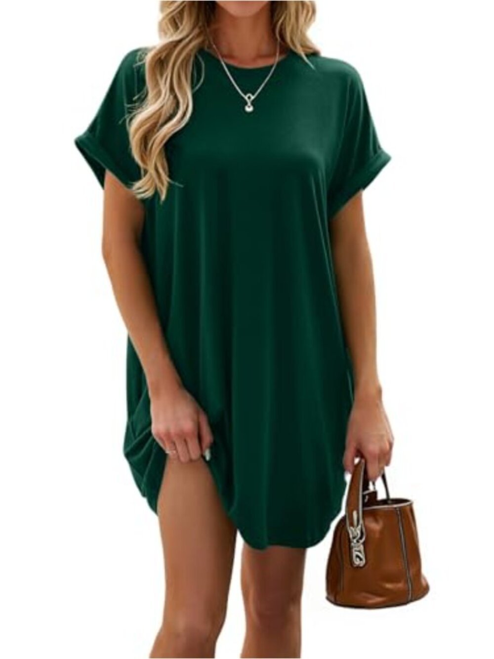 Women's Swing T-Shirt Dress with Pockets, Short Rolled Sleeves Casual Loose Fit